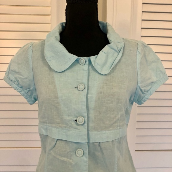 Vintage Retro Baby Blue Linen Blouse with Decorative Buckle on the Back - Picture 2 of 6